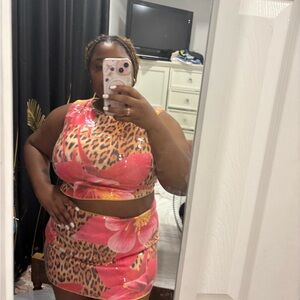 Fashion Nova Pink and Leopard Skirt Set